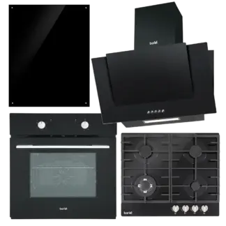Baridi Kitchen Appliance Bundle – Integrated Fan-Assisted Oven, Black Glass Gas Hob, Angled Chimney Cooker Hood & Black Glass Splashback – 60cm [DH391]