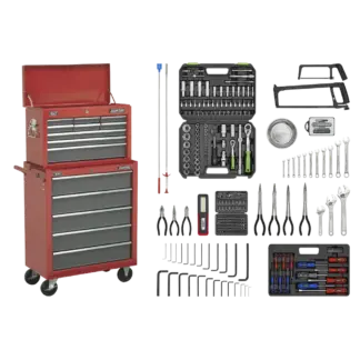 American PRO® Topchest & Rollcab Combination 14 Drawer with 281pc Tool Kit - Red/Grey [AP2250BBCOMBO]
