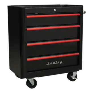 Premier™ Retro Style Rollcab 4 Drawer - Black with Red Anodised Drawer Pulls [AP28204BR]