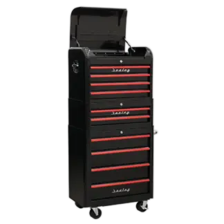 Premier™ Retro Style Topchest, Mid-Box Tool Chest & Rollcab Combination 10 Drawer - Black with Red Anodised Drawer Pulls [AP28COMBO2BR]