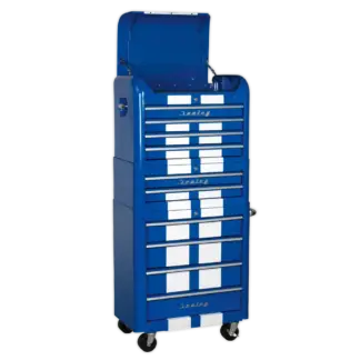 Premier™ Retro Style Topchest, Mid-Box Tool Chest & Rollcab Combination 10 Drawer - Blue with White Stripes [AP28COMBO2BWS]