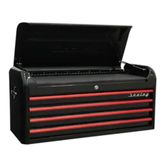 Premier™ Retro Style Wide Topchest 4 Drawer - Black with Red Anodised Drawer Pulls [AP41104BR]