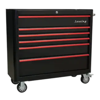 Premier™ Retro Style Wide Rollcab 6 Drawer - Black with Red Anodised Drawer Pulls [AP41206BR]