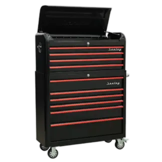 Premier™ Retro Style Wide Topchest & Rollcab Combination 10 Drawer - Black with Red Anodised Drawer Pulls [AP41COMBOBR]