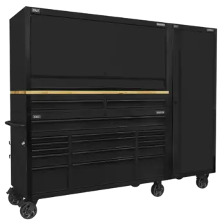 Superline PRO® Black Edition Mobile Trolley with Wooden Worktop 15 Drawer, Hutch, 2 Drawer Riser & Side Locker 1549mm [AP6215BECOMBO2]