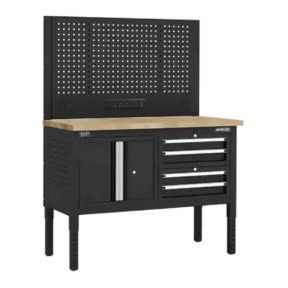 Superline PRO® Modular Workbench with 4 Drawers & Cupboard Wooden Worktop 1265mm [APMWB50COMBO1W]