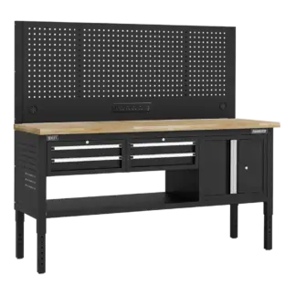 Superline PRO® Modular Workbench with 4 Drawers & Cupboard Wooden Worktop 1830mm [APMWB72COMBO1W]