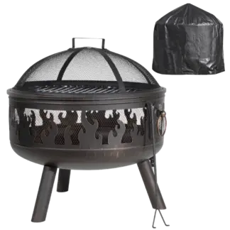 Dellonda Deluxe 24" Fire Pit, Fireplace, Outdoor Patio Heater, Decoration Rings, Supplied with Cooking Grill, Safety Screen, Poker & Cover [DG242]