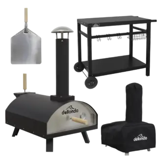 Dellonda Wood-Fired Pizza Oven, Pizza Peel, Cover & Plancha Trolley 14" - Black [DG258]