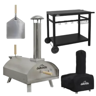 Dellonda Wood-Fired Pizza Oven, Pizza Peel, Cover & Plancha Trolley 14" - Stainless Steel [DG259]