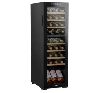Baridi 27 Bottle Dual Zone Wine Fridge with Digital Touchscreen Controls, Beech Wood Shelves & LED Light - Black [DH90]