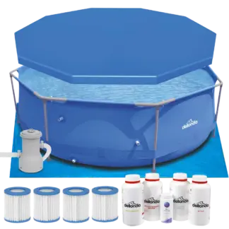 Dellonda Steel Frame Round Swimming Pool & Filter Pump with Cover, Ground Sheet, Test Strips, Starter Kit & Filters 10ft - Blue [DL137]
