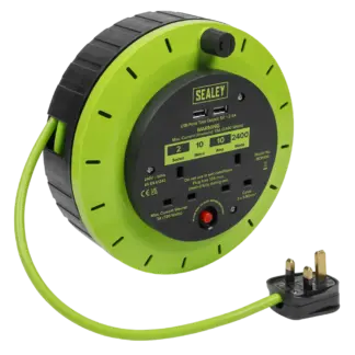 10m Cassette Type Cable Reel with Thermal Trip 2 x 230V & 2 x USB - Hi-Vis Green [BCR10G]