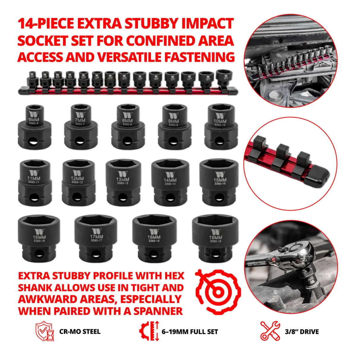 Impact Sockets, 14-Piece Extra Stubby Hex Shanked 3/8''dr 6-19mm - Image 3
