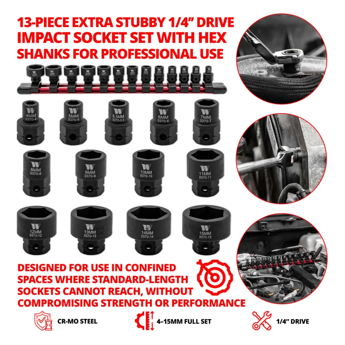 Impact Sockets, 13-Piece Extra Stubby Hex Shanked 1/4''dr 4-15mm - Image 3