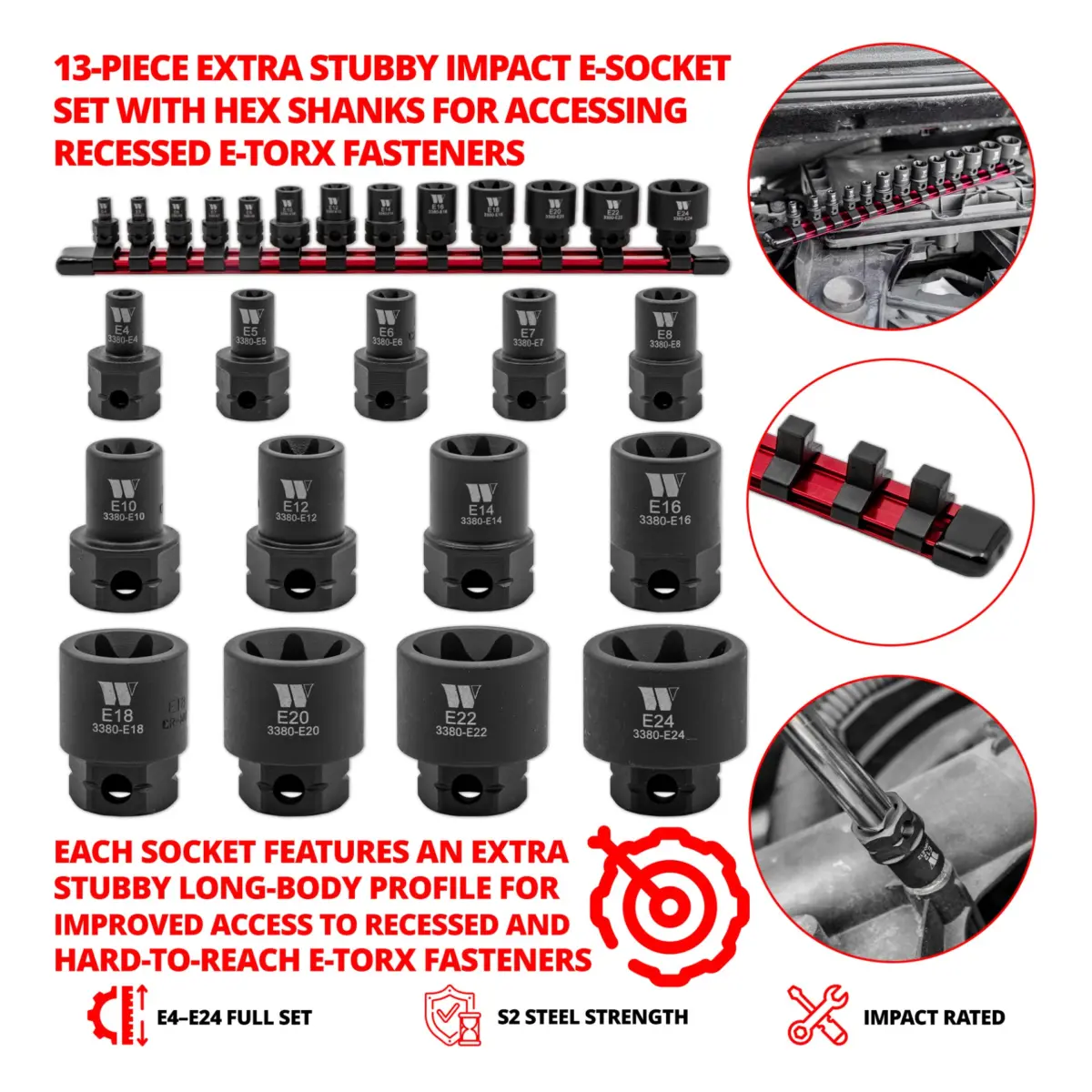 Impact E-Sockets, 13-Piece Extra Stubby Hex Shanked E4-E24 - Image 3