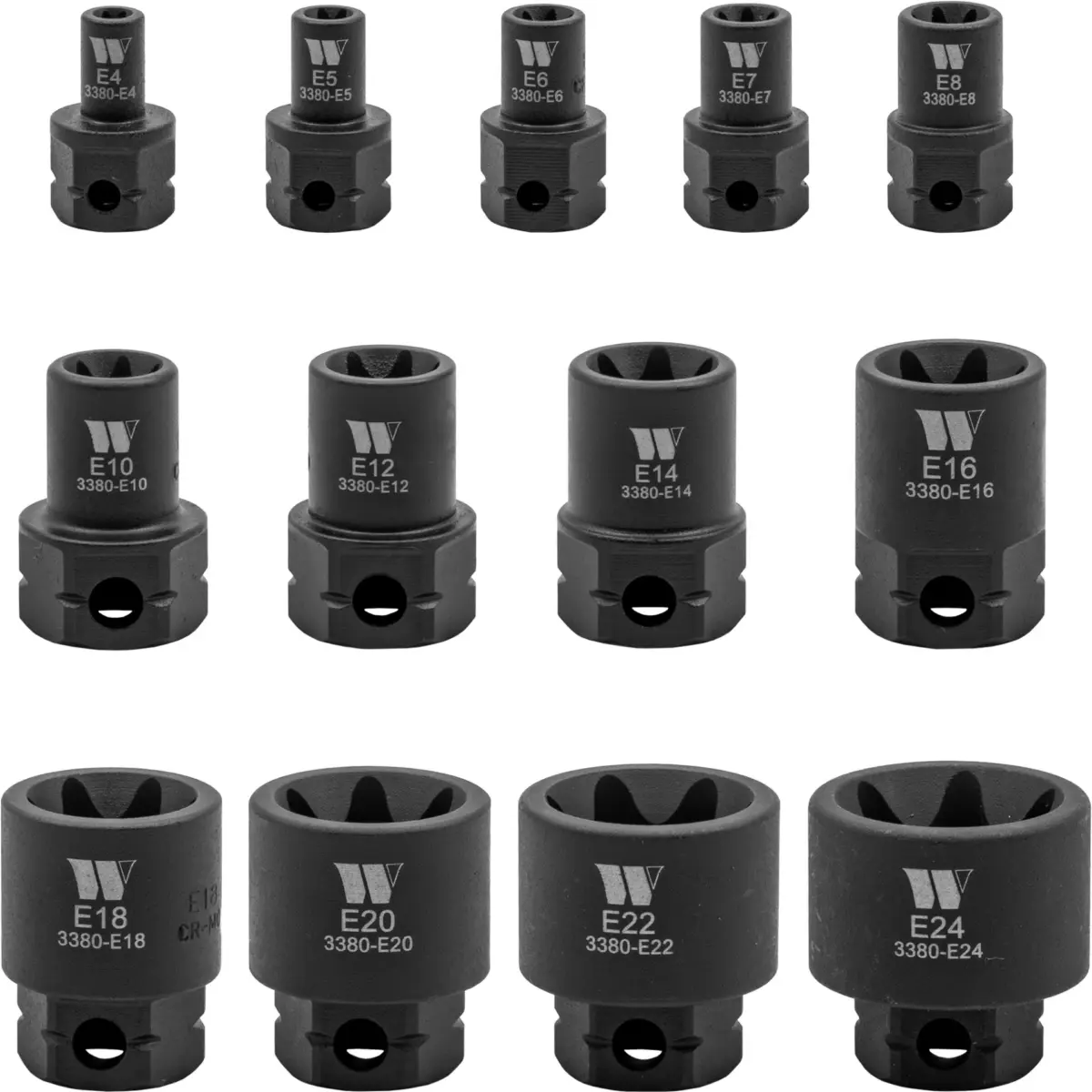 Impact E-Sockets, 13-Piece Extra Stubby Hex Shanked E4-E24 - Image 2