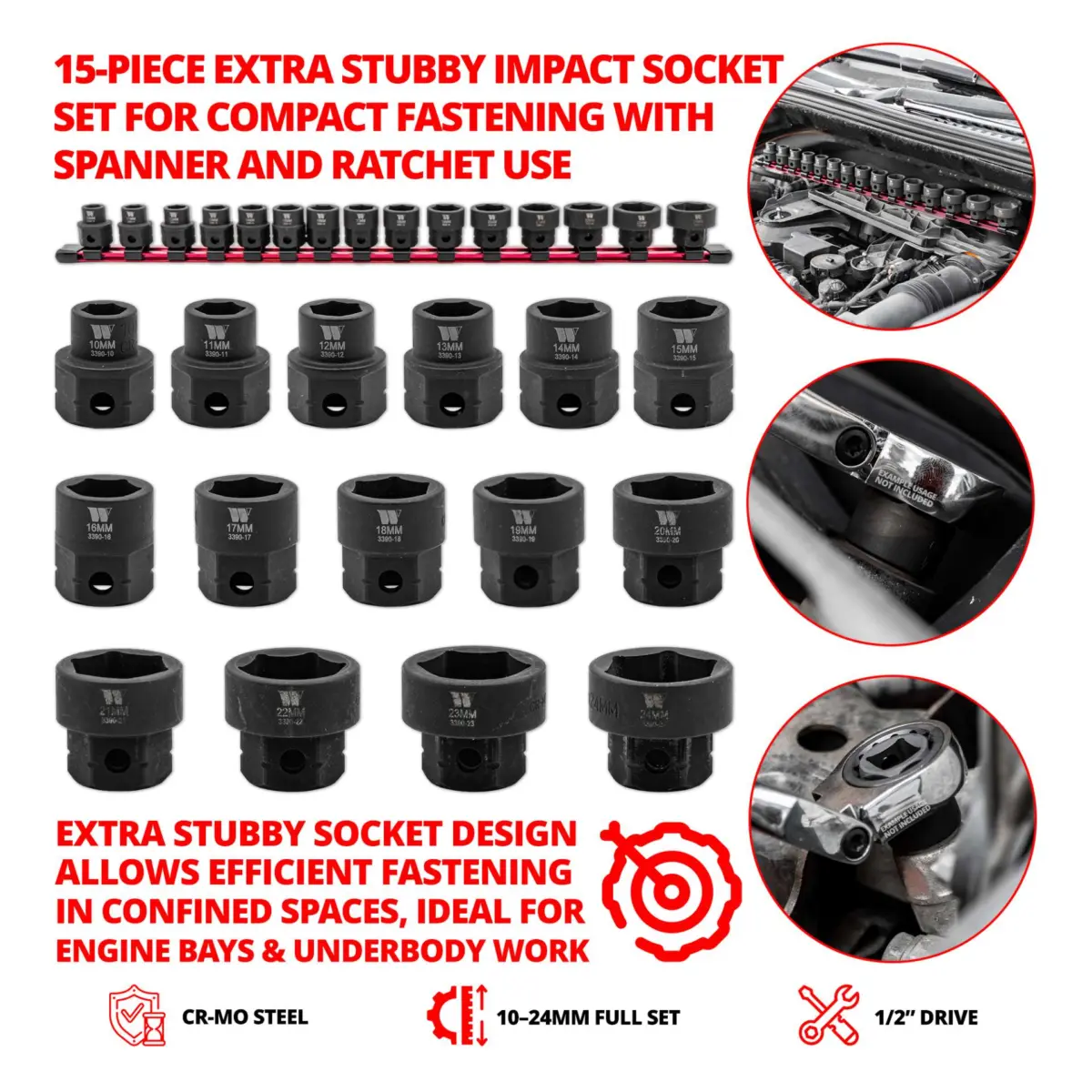 Impact Sockets; 15-Piece Extra Stubby Hex Shanked 1/2''dr 10-24mm - Image 3