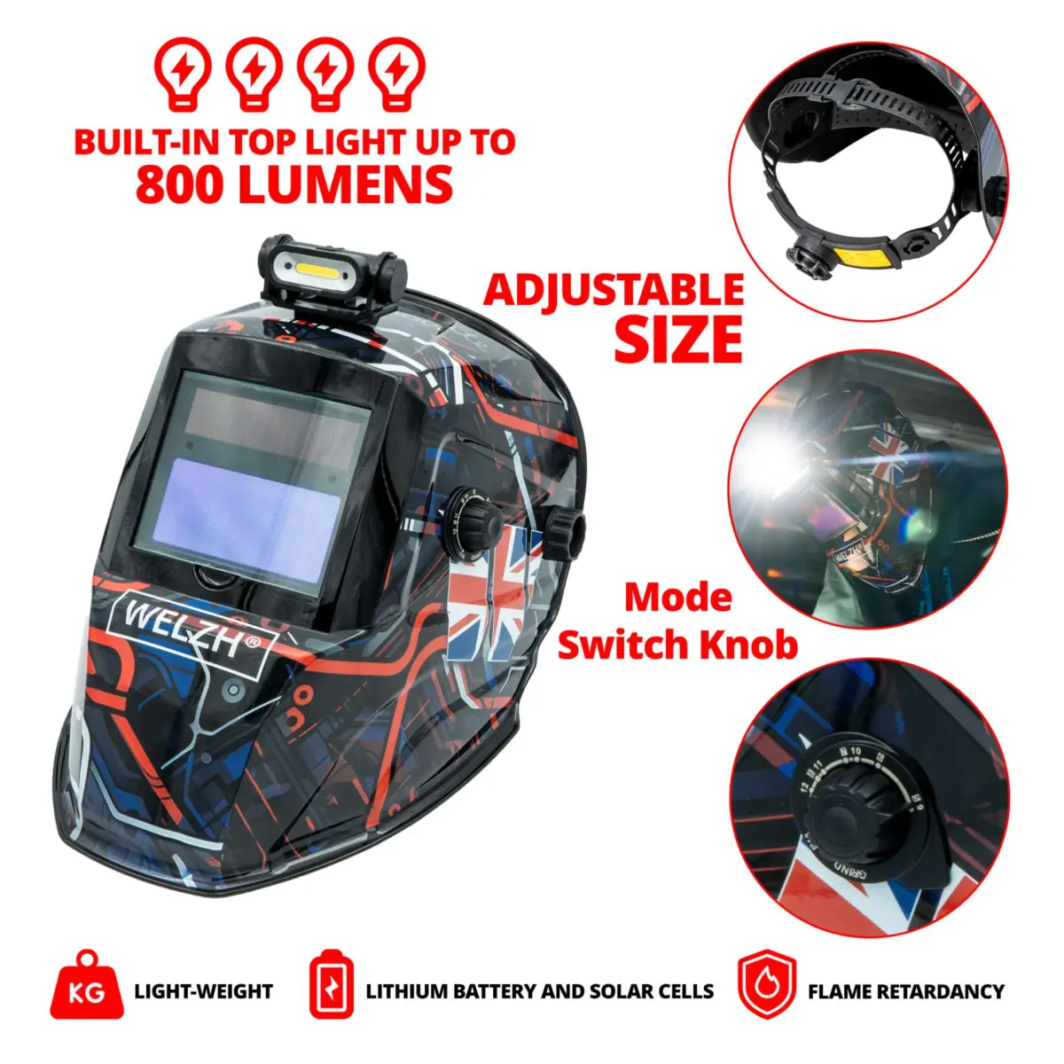 Auto Darkening Welding Helmet; With Built In LED Top Light - Image 2