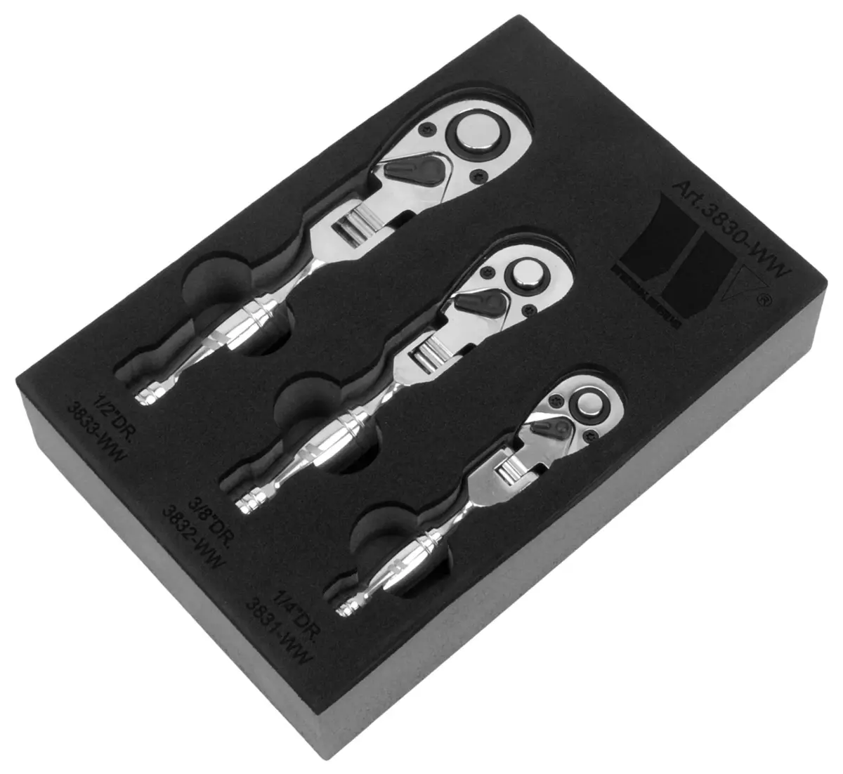 Ratchet Set; 3-Piece Stubby Flexi Head; 1/4'', 3/8'' & 1/2''dr