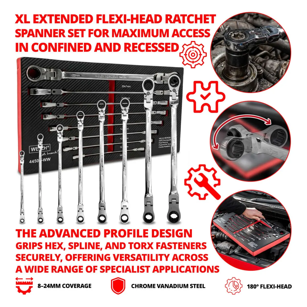 Ratchet Spanner Set; XL Master Aviation Multi-Lok Extended Head Type, Flexi-Head 8-24 mm - Image 3