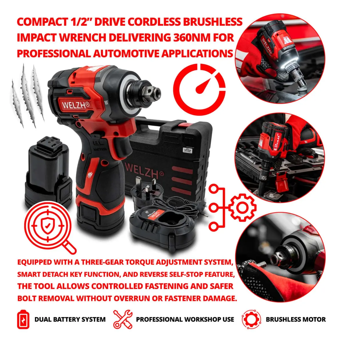 E-Beast? Mini Compact Cordless Brushless Impact Driver Wrench 1/2'dr; 360NM - Image 3
