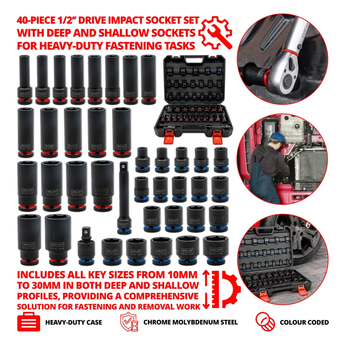 Socket Set; Impact, Deep + Shallow 1/2''d 40-Piece 10-30mm - Image 3