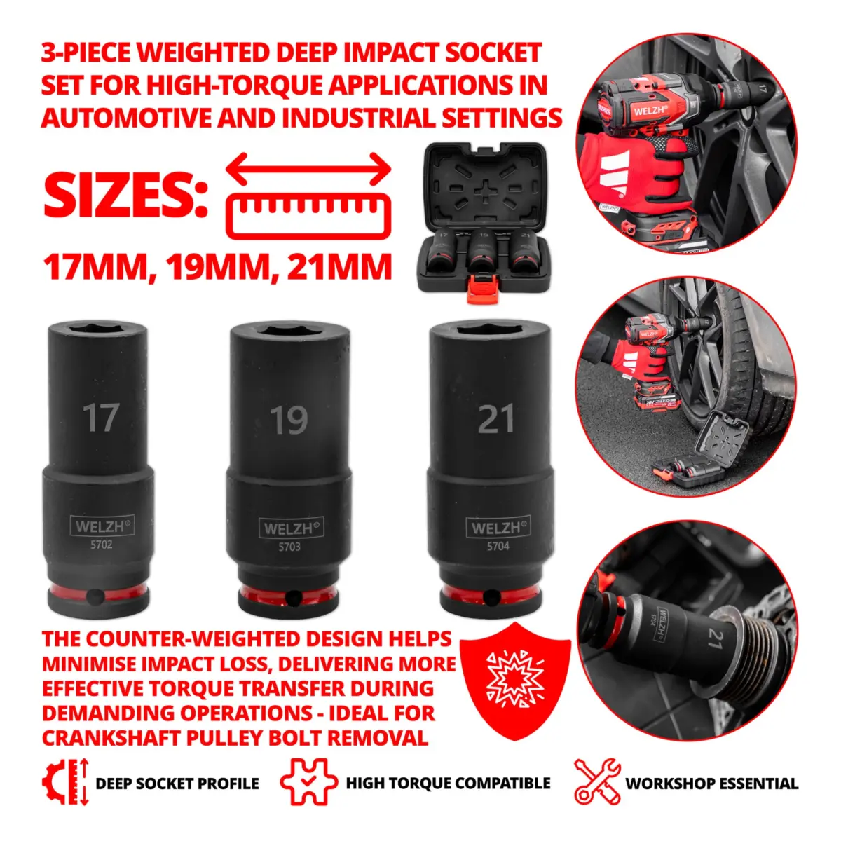 3-Piece Weighted Deep Impact Socket Set; 17-mm, 19-mm & 21-mm - Image 3