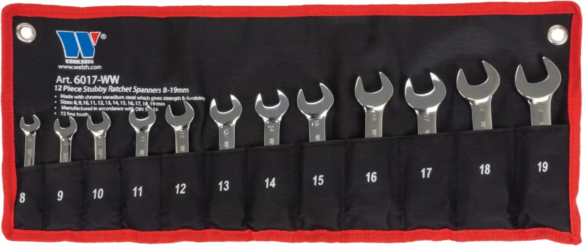 Ratchet Spanner Set; Stubby, 8-19 mm