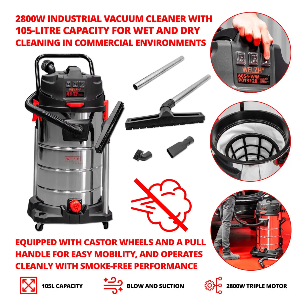 Industrial Vaccum Cleaner; 2800W 105-Litres - Image 2
