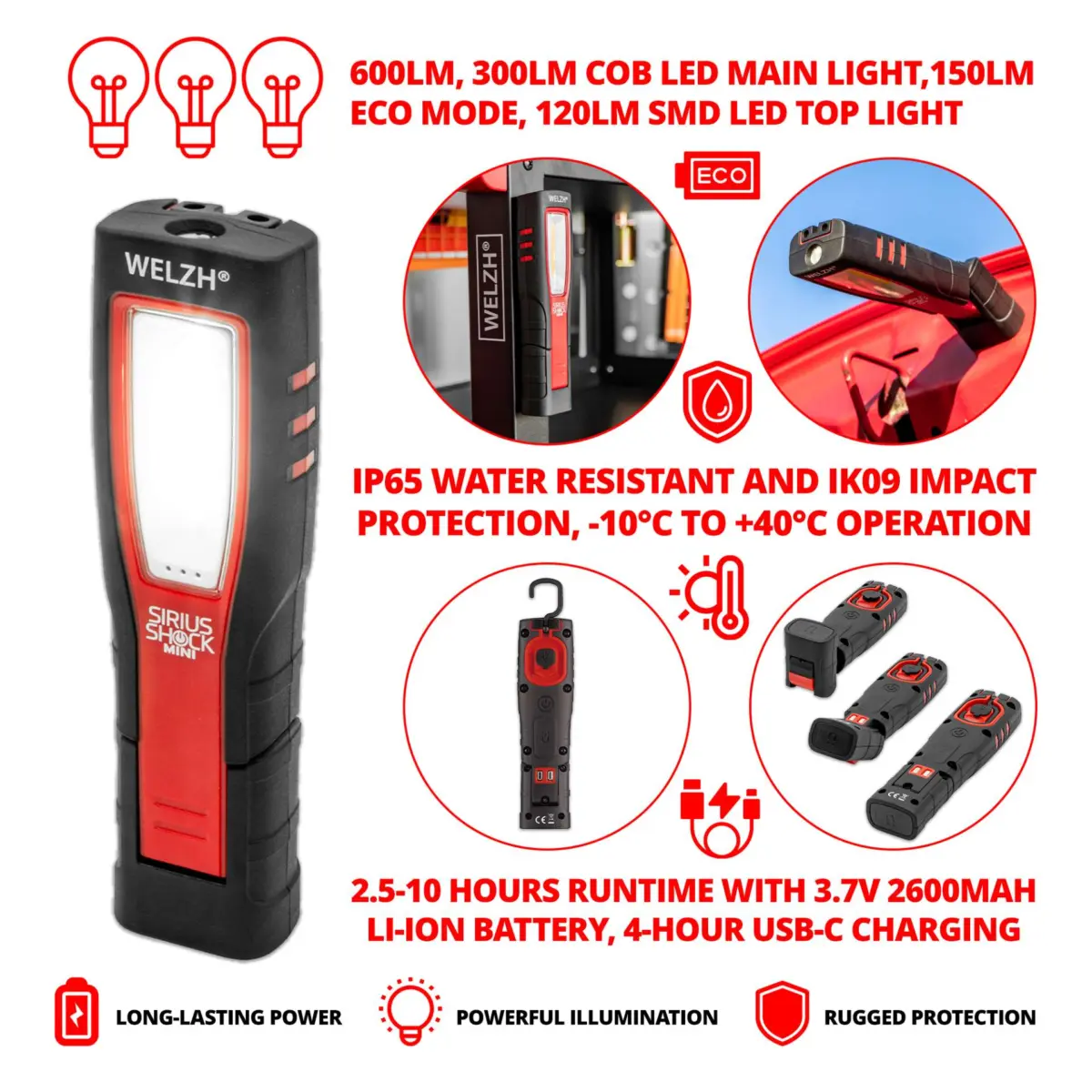 Rechargeable Inspection Cob Lamp; Mini-Sirius Range (Red) - Image 3