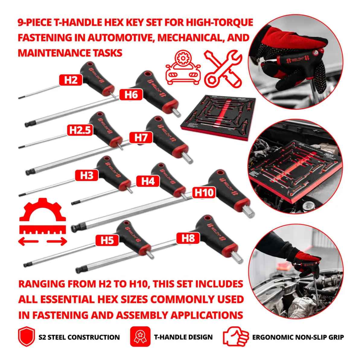 9-Piece T-Handle Hex Key Set 2-10 mm S2-Steel - Image 3
