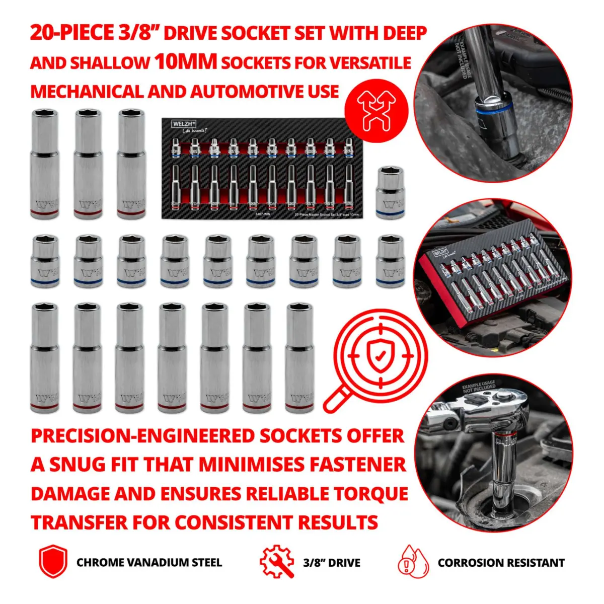 20-Piece Socket Assortment; 3/8''dr 10-mm Deep & Shallow - Image 3