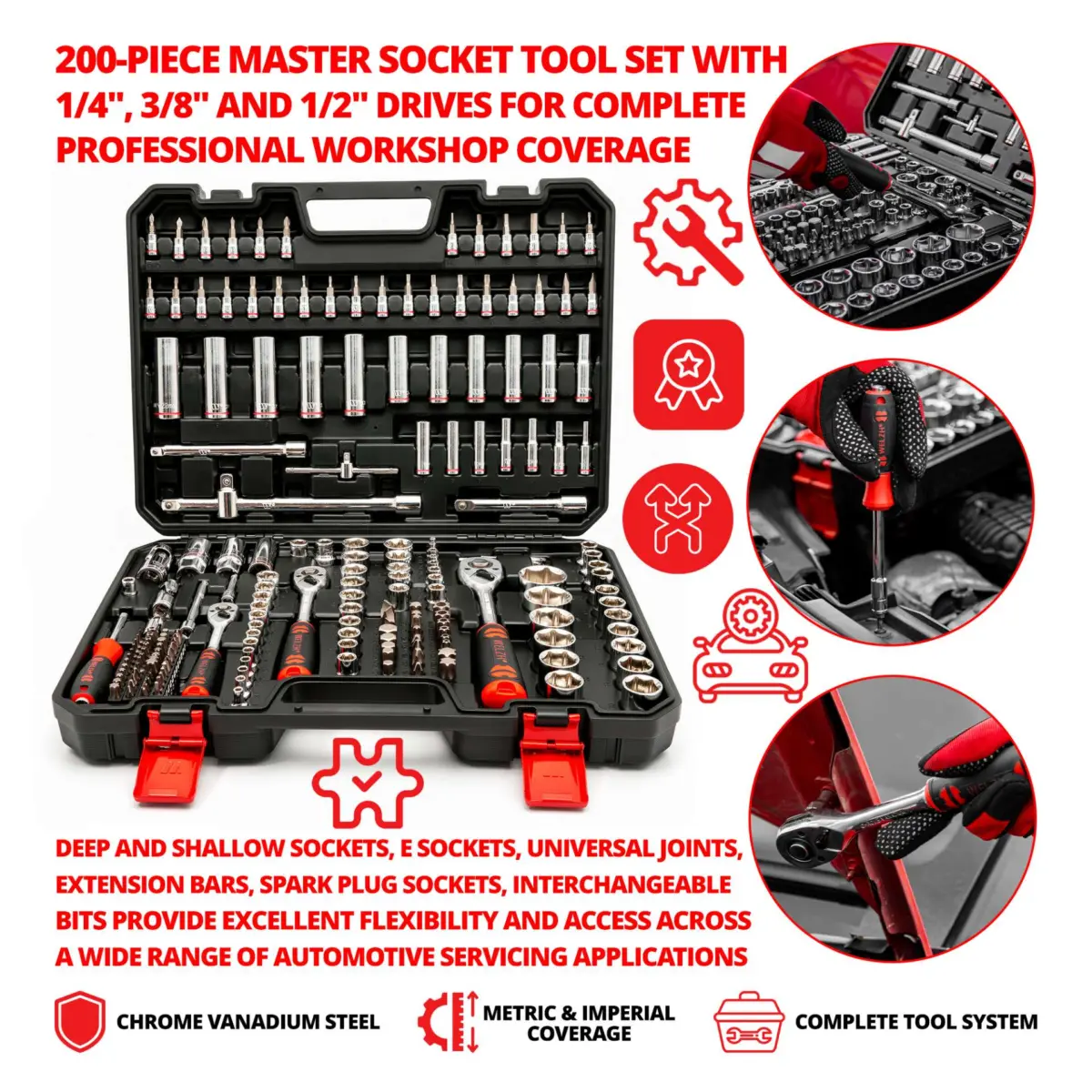 Master Socket Tool Set 200-Piece; 1/4'', 3/8'', 1/2'' - Image 2