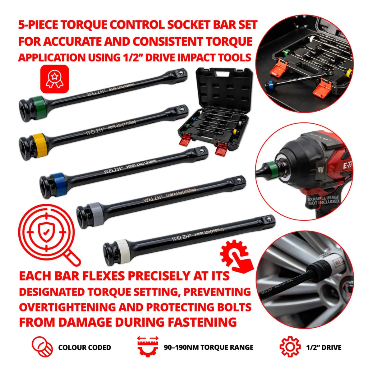 5-Piece 1/2''dr Torq Control Socket Bars 90,110,135,160 & 190-NM - Image 3