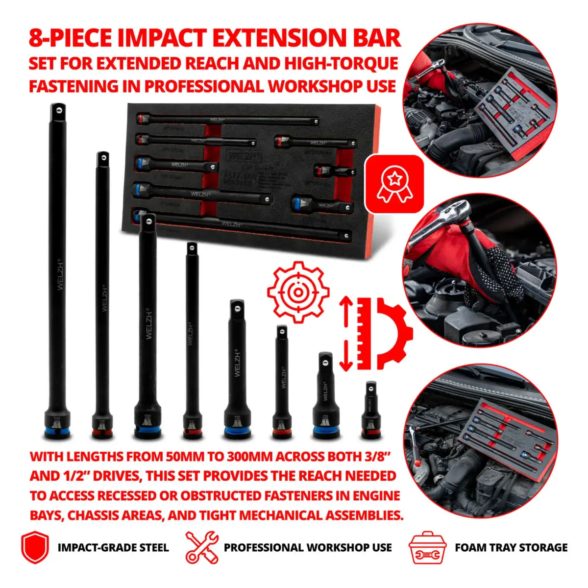 8-Piece 3/8" & 1/2" Drive Impact Extension Bar Set 50-300mm - Image 3