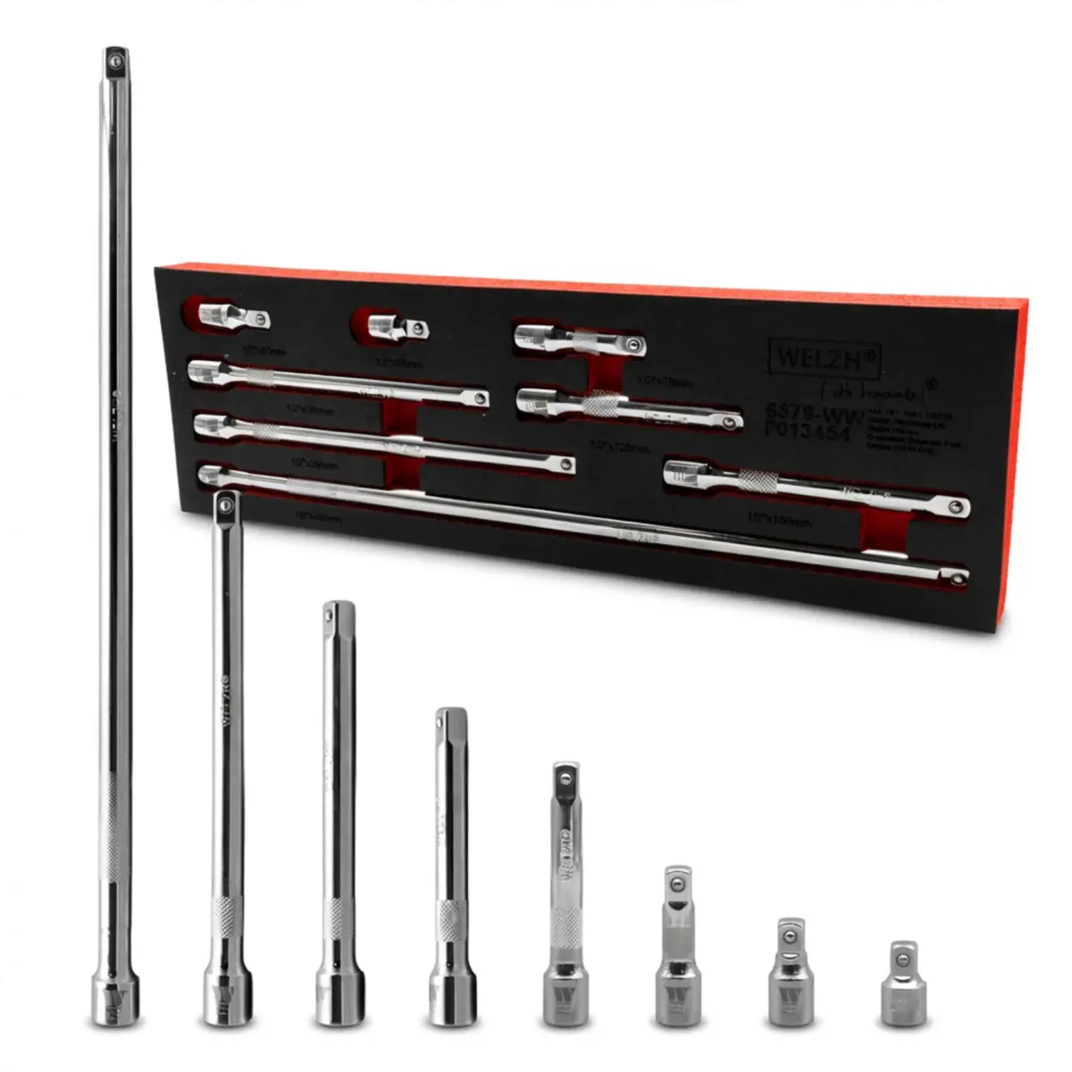 8-Piece 1/2" Drive Extension Bar Set; 38mm-450mm