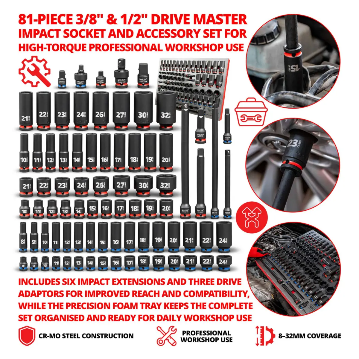 3/8'' & 1/2''dr Master Impact Socket And Accessory Set 81-Piece - Image 3