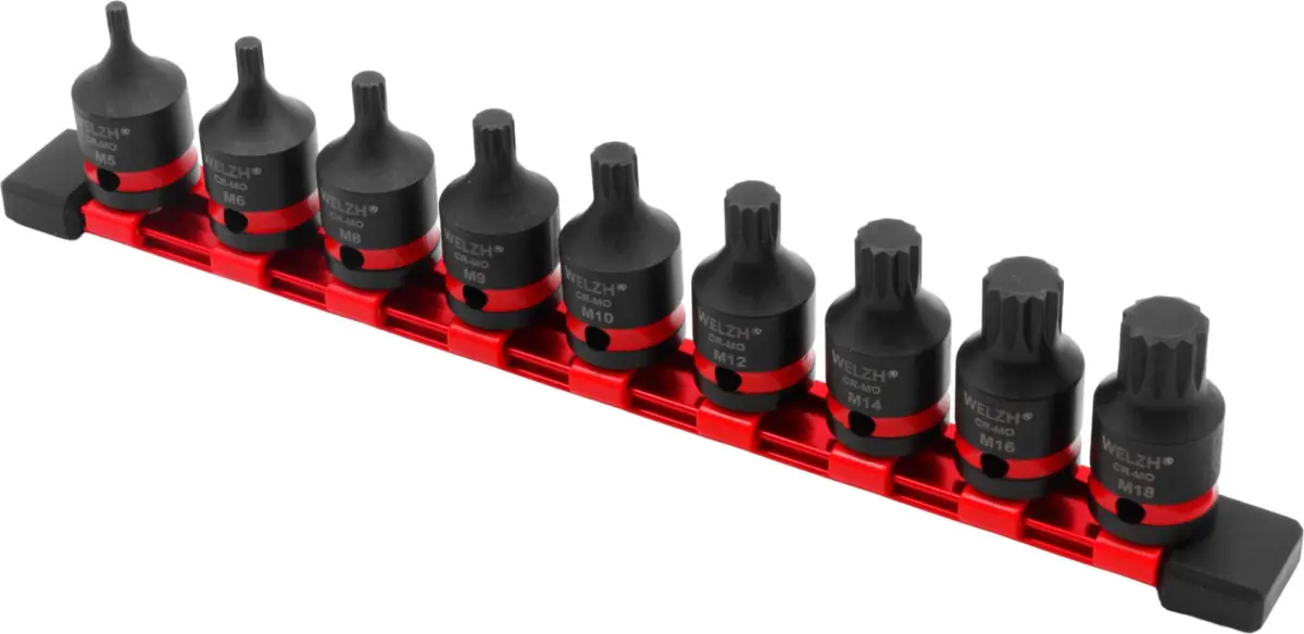Impact Spline Socket Bit Set, Stubby, 9-Piece, 1/2''dr M5-M18