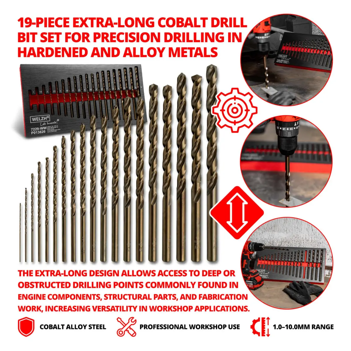 Mechanics Drill Bit Set, Fully Ground Cobalt Extra Long; 19-Piece Set - Image 3