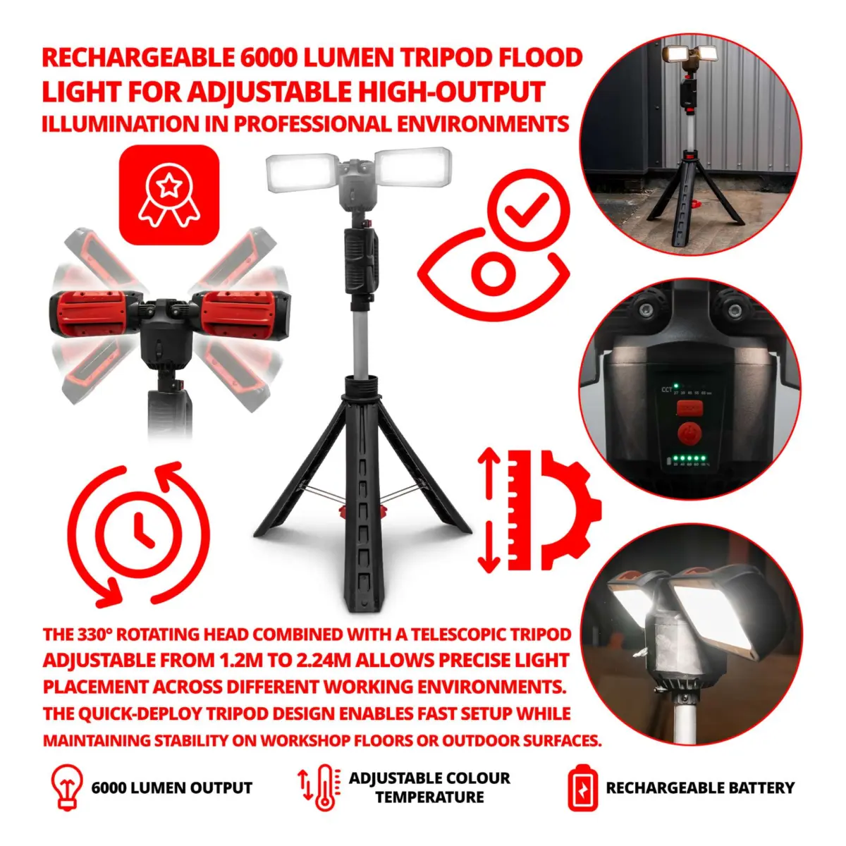 Rechargeable 6000 Lumen Adjustable Tripod Flood Light - Image 3