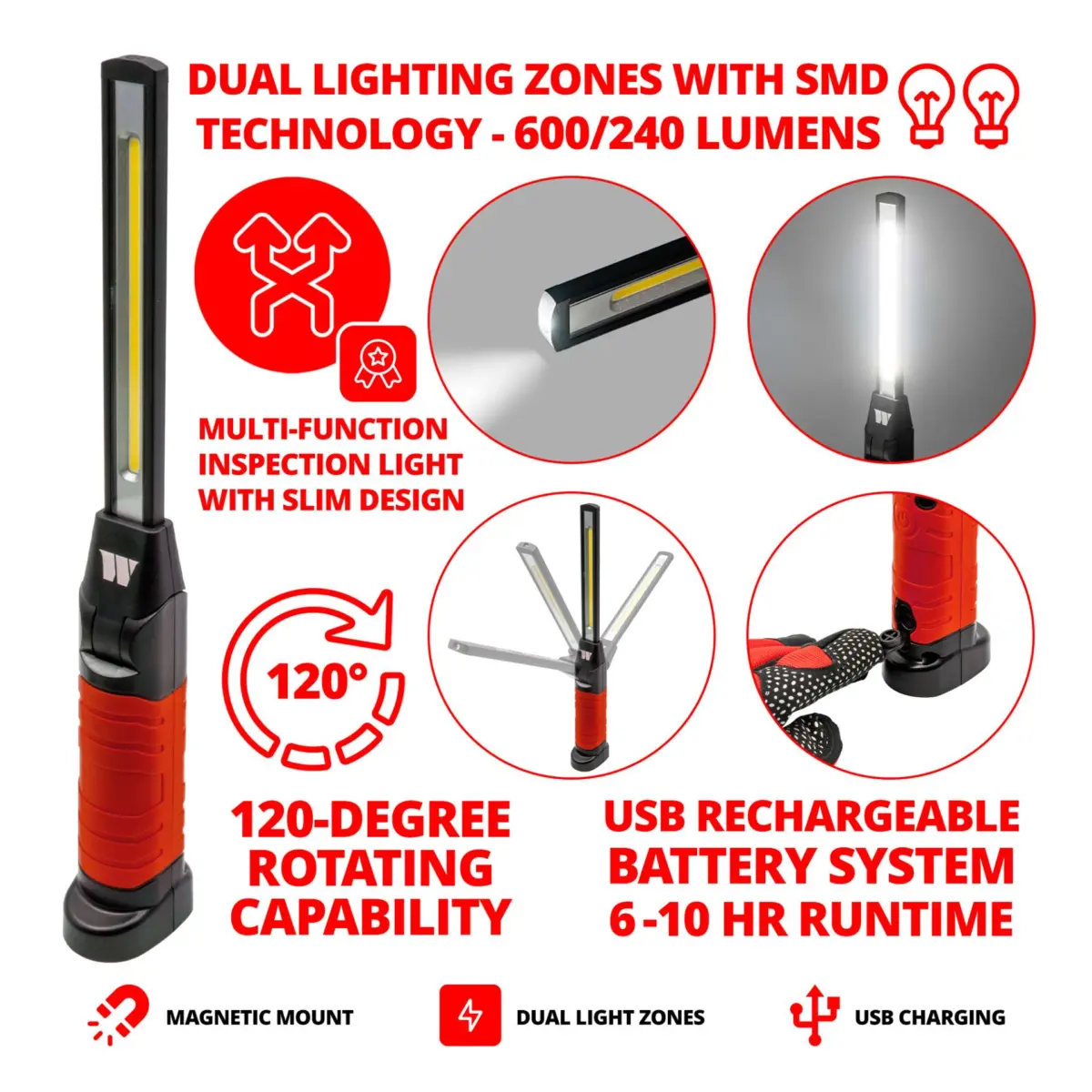 Slim Line Multifunction Rechargeable Inspection Work Light (RED) - Image 3