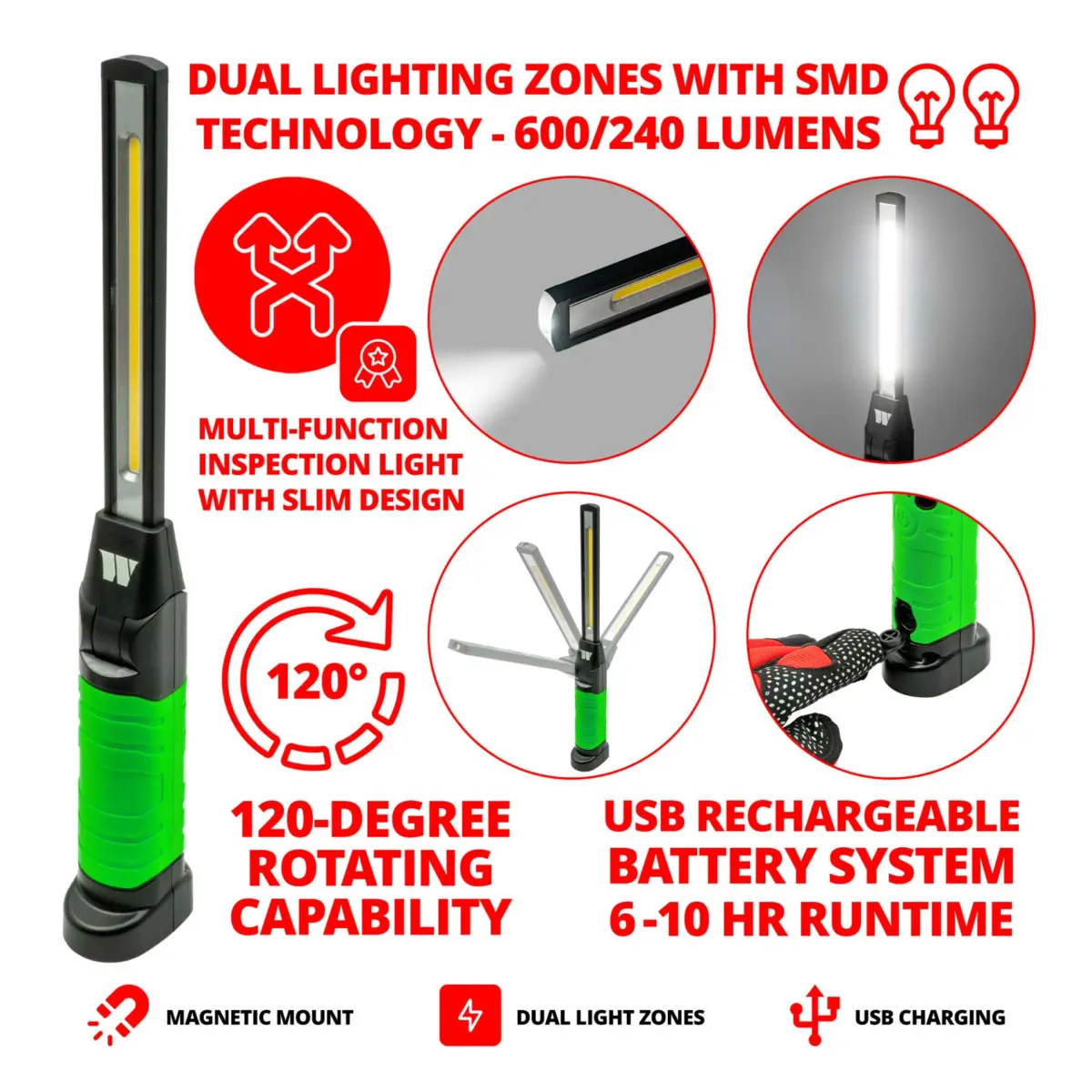 Slim Line Multifunction Rechargeable Inspection Work Light (Green) - Image 3