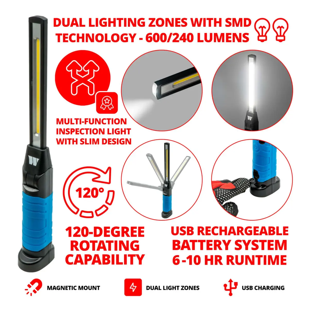 Slim Line Multi-function Rechargeable Inspection Work Light (Blue) - Image 3