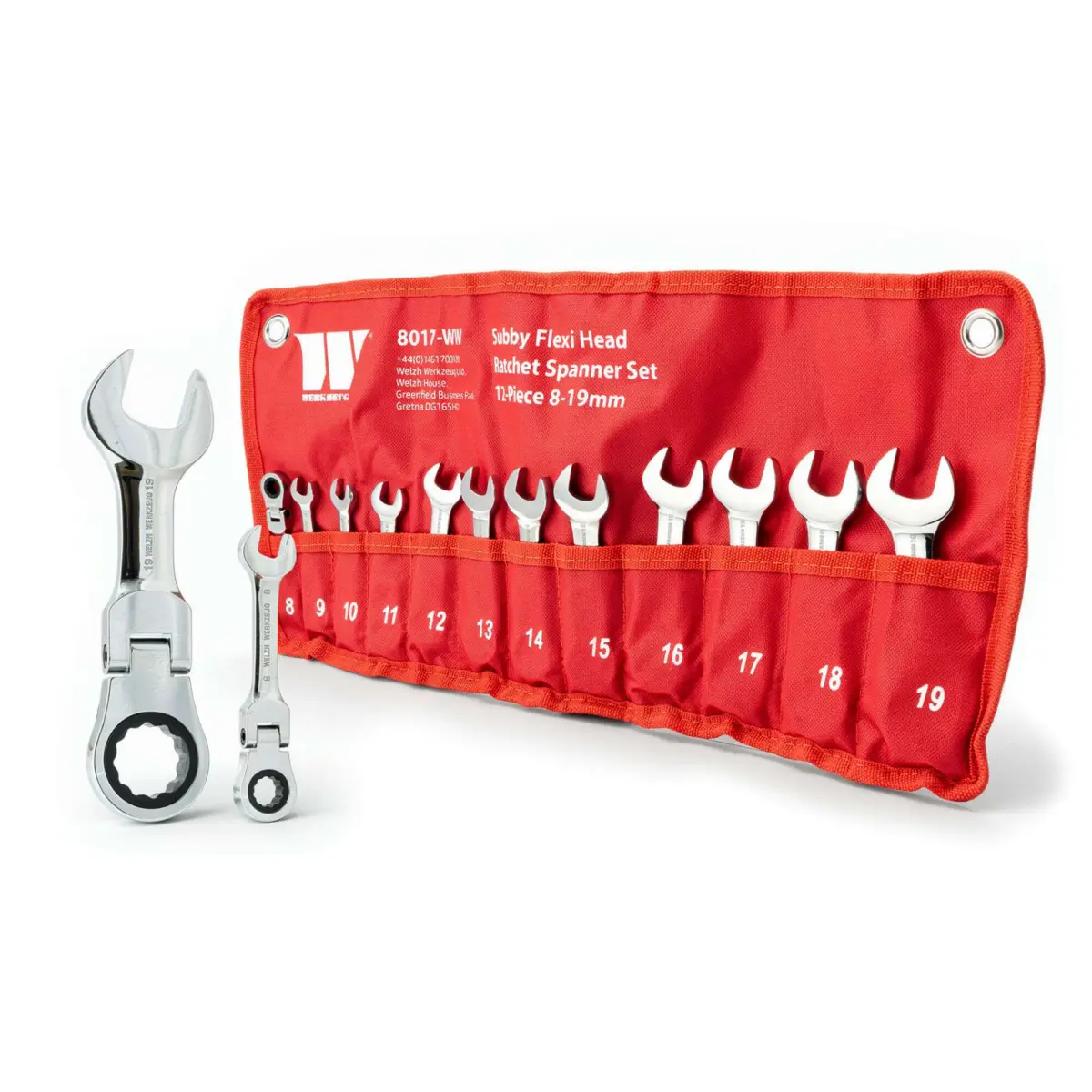 Ratchet Spanner Set; Flexi-Head, Stubby, 8-19 mm