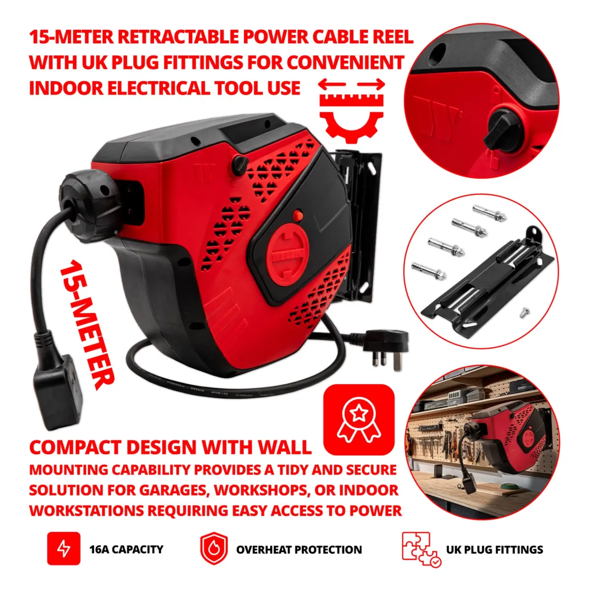 Retractable Power Cable Reel 15m for Electrical Tools UK fittings - Image 2