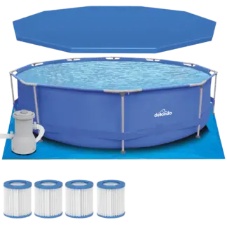 Dellonda Steel Frame Round Swimming Pool & Filter Pump with Cover, Ground Sheet, Test Strips & Filters 12ft - Blue [DL138]