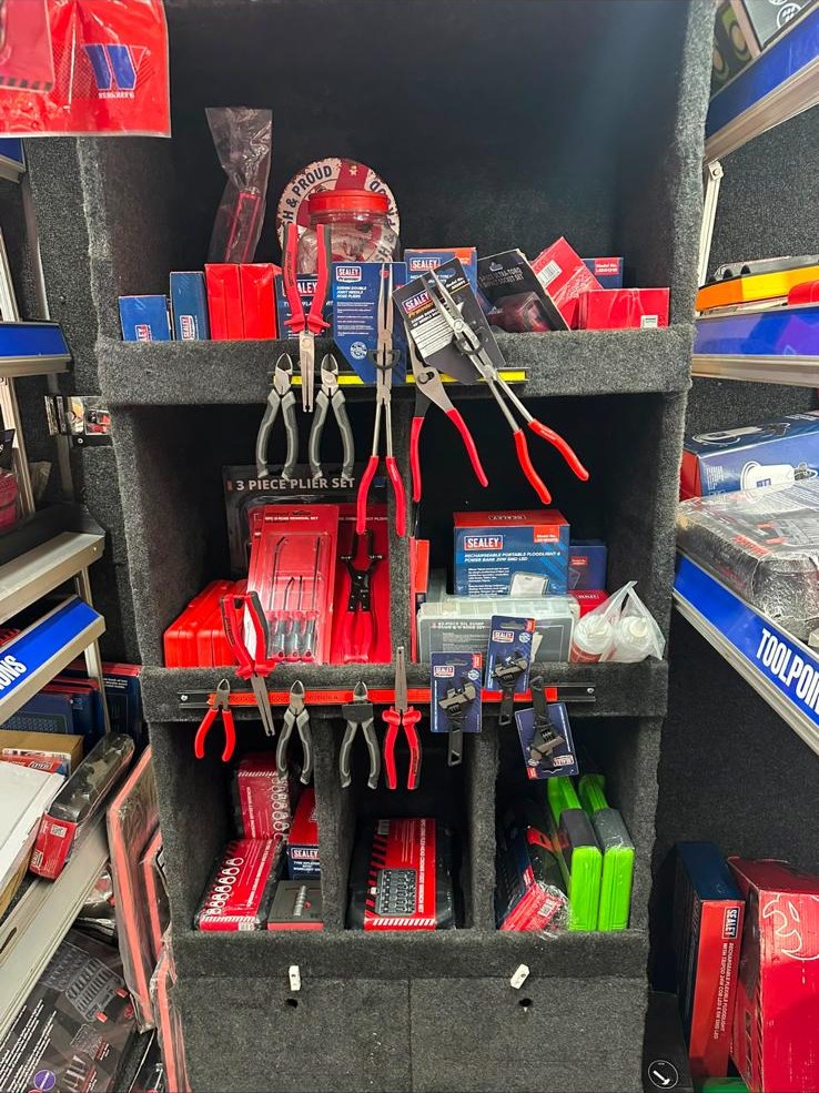 Tools on the shelves inside the ToolPoint van