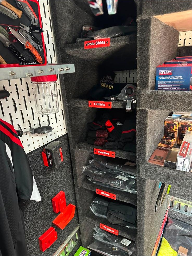 Tools on the shelves inside the ToolPoint van